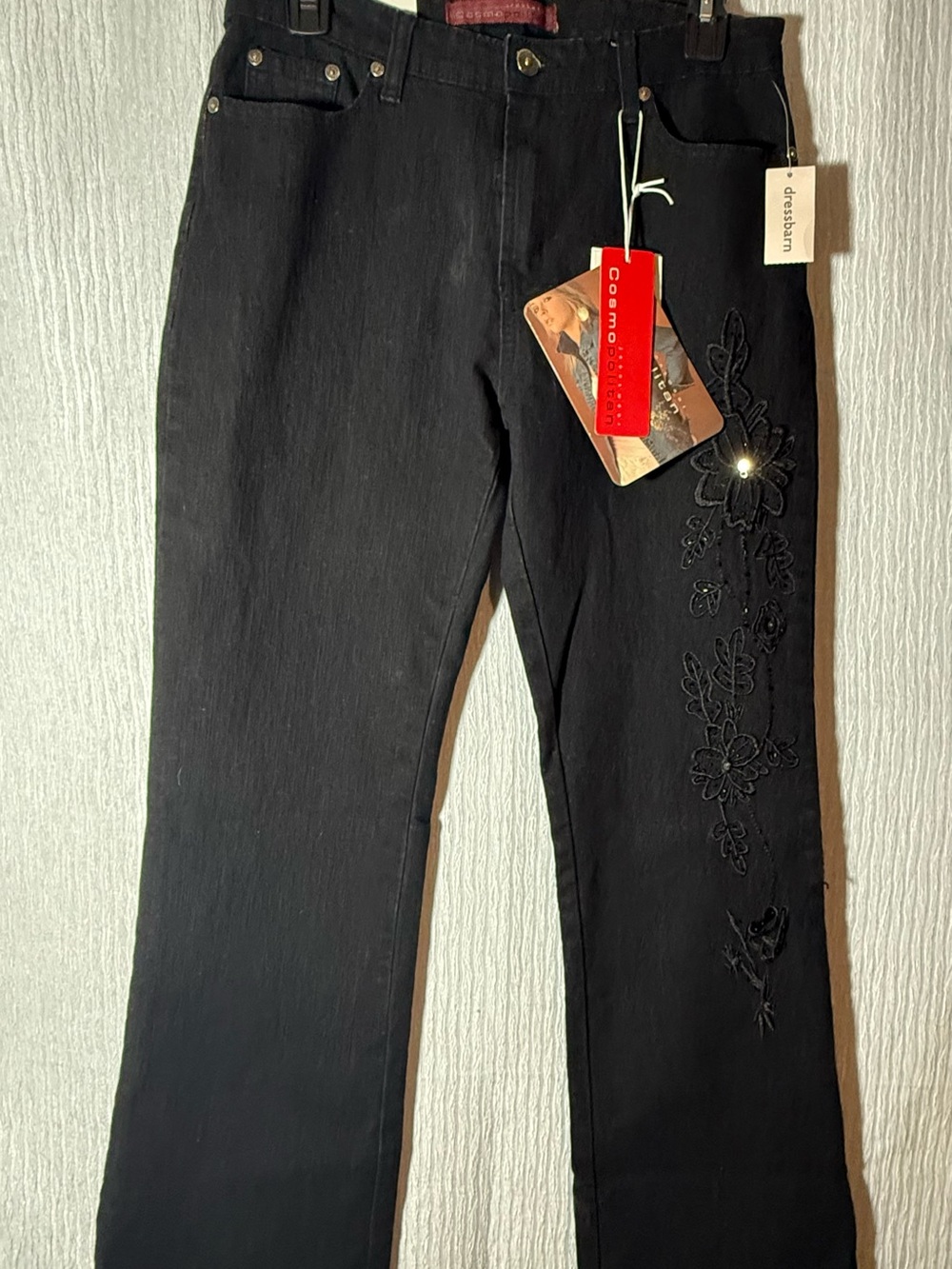 Cosmopolitan Black Boot Cut Jeans with Floral Embroidery